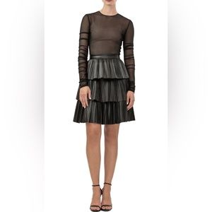 NHA KHANH Faux Leather Mini Skirt Tiered Pleated Black High Waisted y2k 90s sz 8